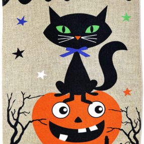 Black Kitty with Pumpkin Burlap - Halloween Fall Vertical Applique Decorative Flags HGE80038 Imported