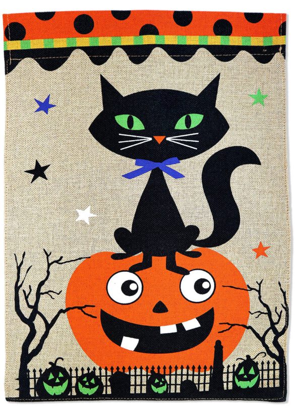 Black Kitty with Pumpkin Burlap - Halloween Fall Vertical Applique Decorative Flags HGE80038 Imported