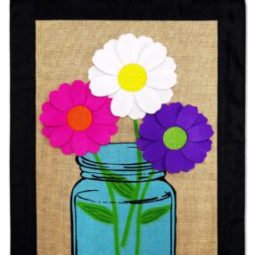 Daisys Mansion Jar Burlap - Floral Spring Vertical Applique Decorative Flags HGE80047 Imported