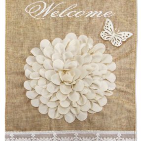 Cute White Ruffles Flower Burlap - Floral Spring Vertical Applique Decorative Flags HGE80051 Imported