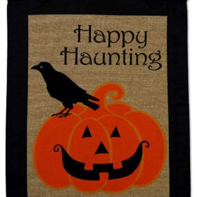 Happy Haunting Pumpkin Burlap - Halloween Fall Vertical Applique Decorative Flags HGE80071 Imported