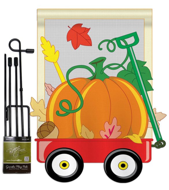 Fall Pumpkins Hand Wagon Garden - Harvest & Autumn Fall Vertical Applique Decorative Flags HG113021 Imported - Image 2