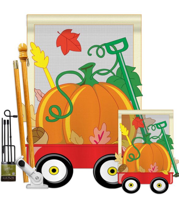 Fall Pumpkins Hand Wagon Garden - Harvest & Autumn Fall Vertical Applique Decorative Flags HG113021 Imported - Image 9